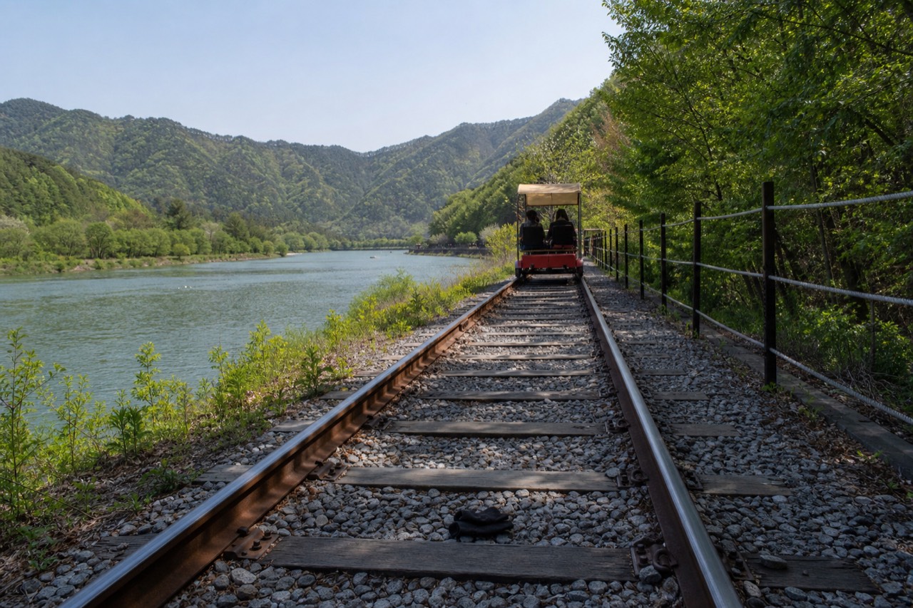Rail bike track running beside a river through green Korean countryside, no text, no logos, no people