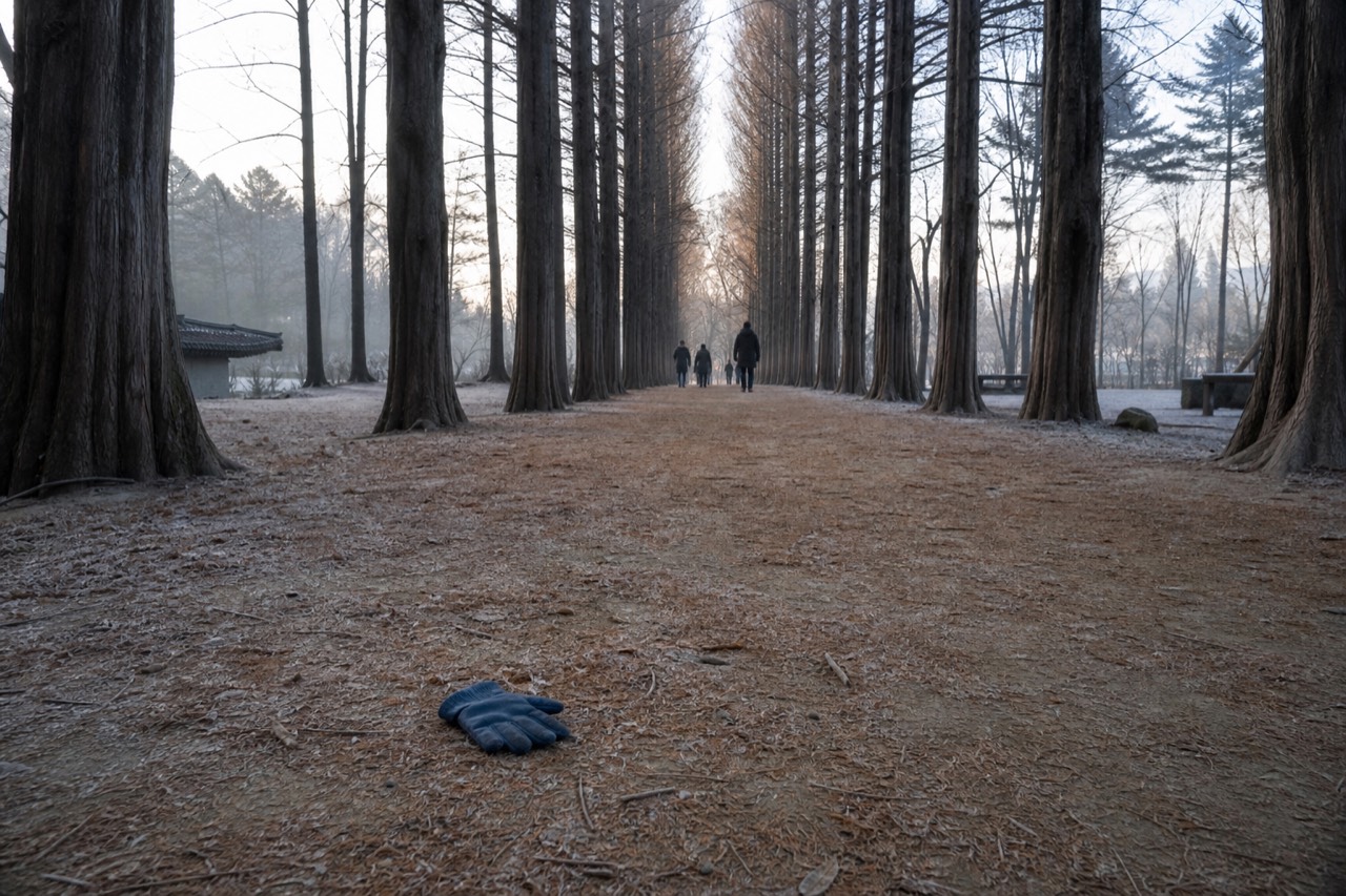 Tree-lined lane on Nami Island with tall metasequoias, no text, no logos, no people.