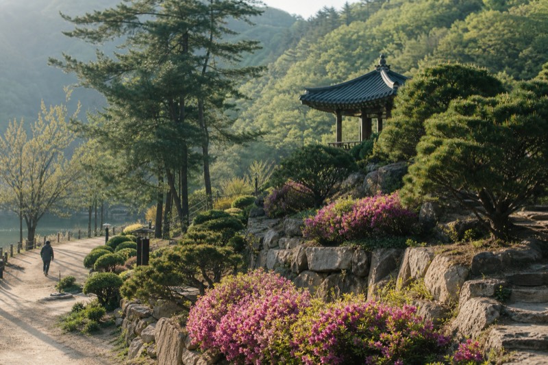 A manicured Korean garden with clipped hedges, lanterns and stone paths, low hills rising behind it on a clear morning